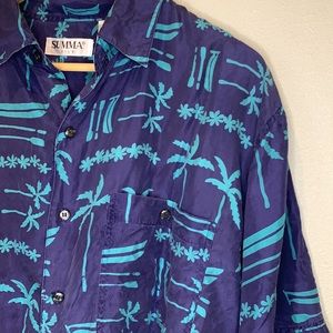 100% Silk Tropical Shirt Purple & Turquoise w/ Palm Trees Men’s Large SUMMA Silk